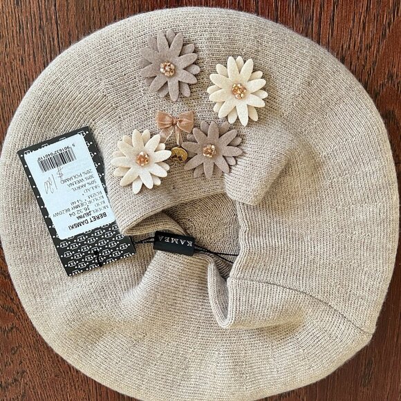 Lady French Beret 100% Mixed Wool Beret Floral Beige By Kamea NWT main image 5